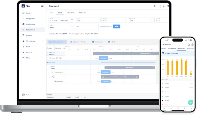 Gantt on computer and invoicing view on phone