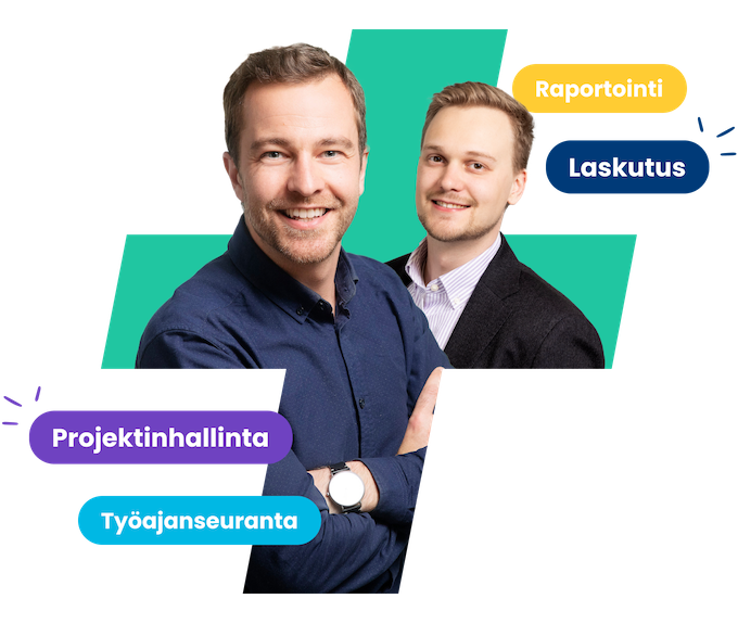 Kaksi bisnesmiestä, joide ympärillä sanat projektinhallinta, työajanseuranta, raportointi ja laskutus