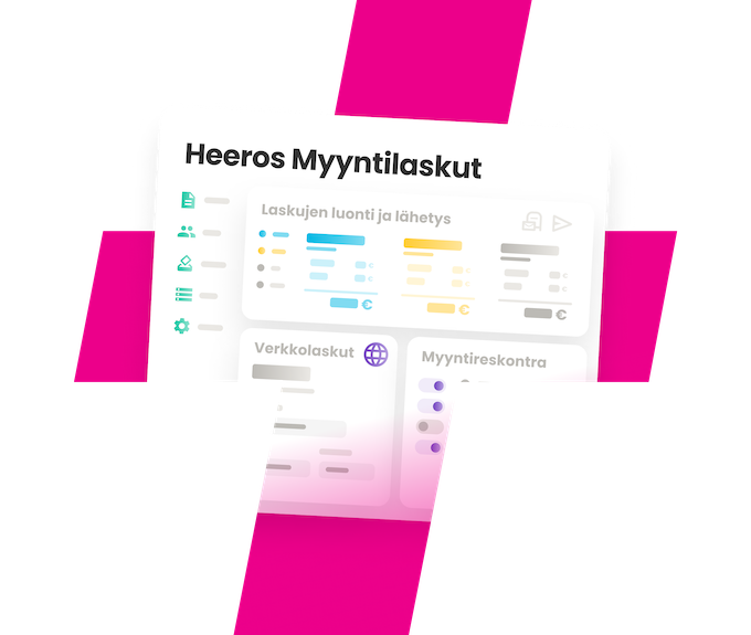Kuvassa on kevyt näkymä Heeros Myyntilaskut ratkaisusta, siinä näkyy otsikot: laskujen luonti ja lähetys, verkkolaskut ja myyntireskontra